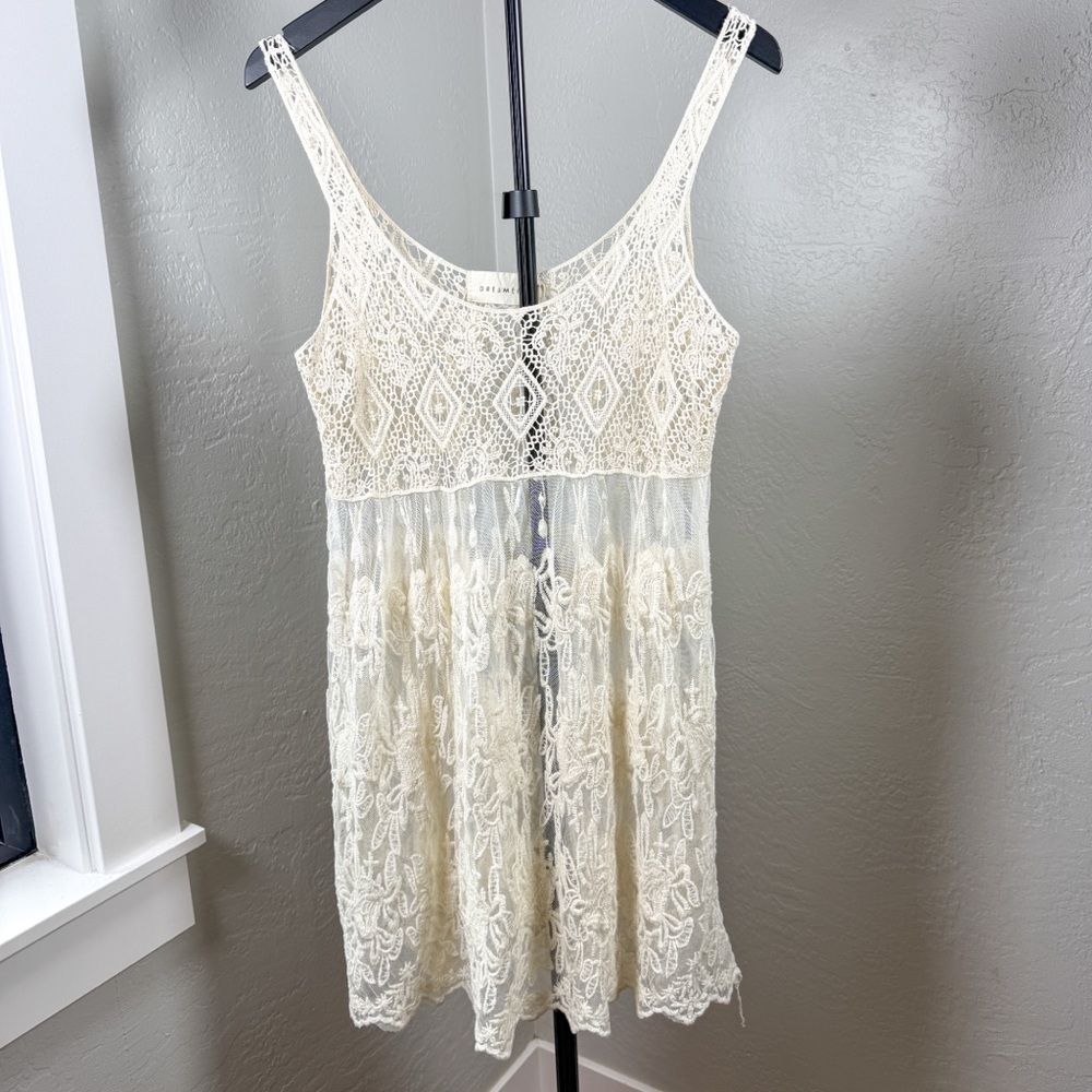 Dreamers Cotton Bridal Cream Lace Boho Festival Sheer Tank Dress Size S